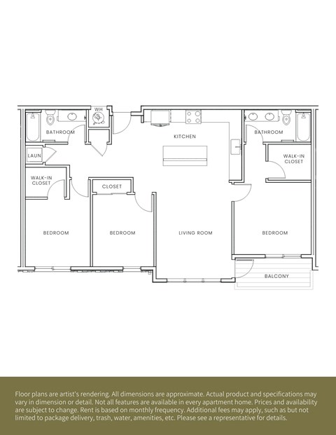 Floor plan for 3 beds, 2 baths, 1281 sqft